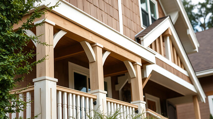Craftsman Style Home Exterior: A Detailed Look at Porch Architecture and Design. High-quality wooden construction, beautiful facade, and elegant details.