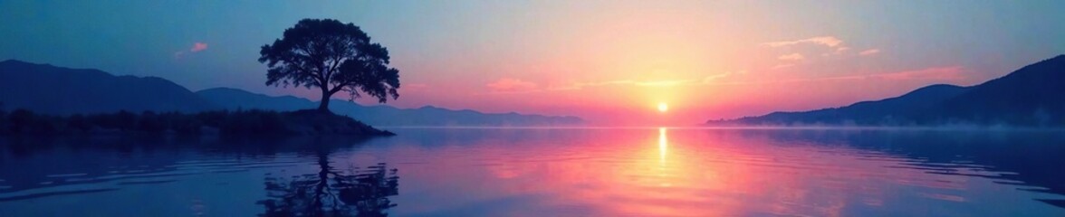 Obraz premium A deep blue lake at sunset with a solitary tree, serene, ripples