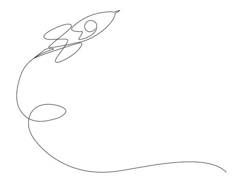 Continuous one line drawing of Rocket space ship launch - technology concept. Rocket fly to outer space in single line draw illustration. Editable stroke.
