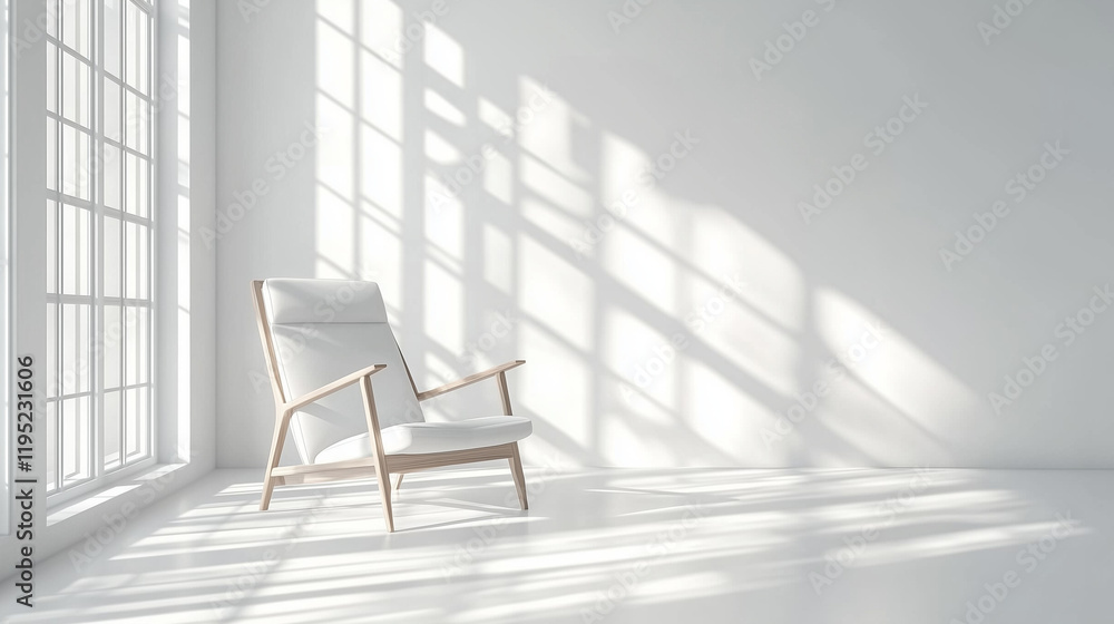 Poster Minimalist Scandinavian interior with bright sunlight streaming through a large window onto an isolated armchair in an empty white room. Clean and modern design for product mock-up and presentation co
