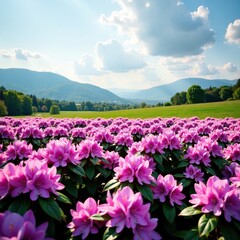 Fototapeta premium A field of purple Rhododendron flowers in full bloom, landscape, nature, scenery