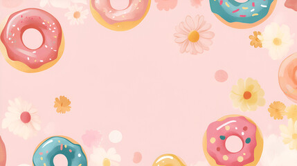 Sweet and Floral Donut Delight: A delightful arrangement of colorful donuts with sprinkles and frosting on a soft pink background adorned with delicate white and yellow flowers.