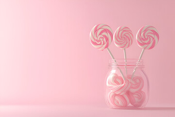 Fototapeta premium Pink Delight: Sweet Swirl Lollipops in Glass Jar: Three pink and white swirl lollipops stand elegantly in a clear glass jar, filled with more of the delightful treats, against a soft pink backdrop.