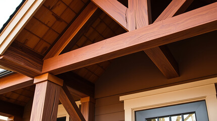 Fototapeta premium Craftsmanship in Wood: A Detailed Look at the Architectural Design of a Wooden House Entrance. The rich, warm tones of the wood create a sense of rustic elegance.