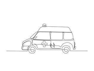 Continuous one line drawing of ambulance - hospital vehicle. Ambulance in single line draw illustration. Editable stroke.