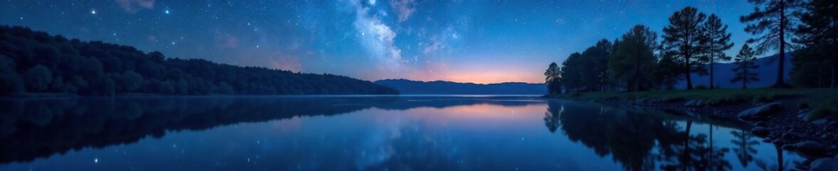 Fototapeta premium A lake with trees reflected in its calm surface under starry night sky, stars, reflection, scenery