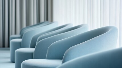 Obraz premium Row of modern blue chairs in minimalist interior with soft lighting and curtains