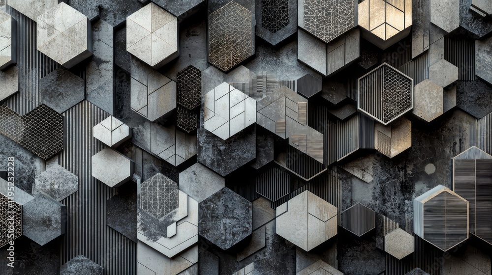 Fototapete A mesmerizing array of hexagonal shapes and intricate patterns emerges from the surface, showcasing a blend of modern design and artistic craftsmanship