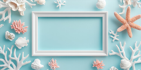 Seashell and White Frame:  An invitation to summer,  A white frame  adorned with seashells and coral  on a light blue background.  Perfect for your beachy designs.