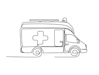 Continuous one line drawing of ambulance - hospital vehicle. Ambulance in single line draw illustration. Editable stroke.