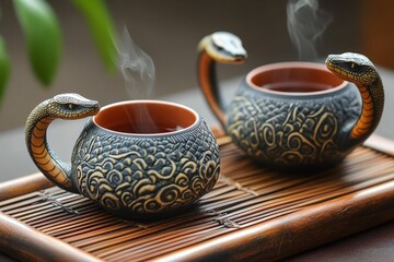 Two ornate snake-handled teacups steam on tray.