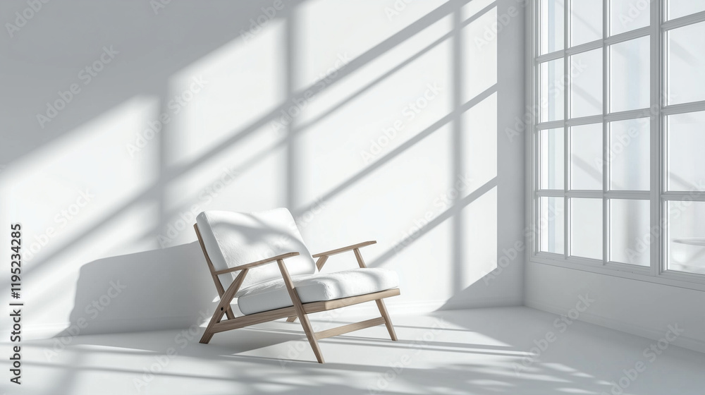 Poster minimalist scandinavian interior with bright sunlight streaming through a large window onto an isola