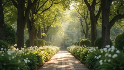 Beautiful Sunlit Pathway Surrounded by Green Trees and White Flowers - Photograph