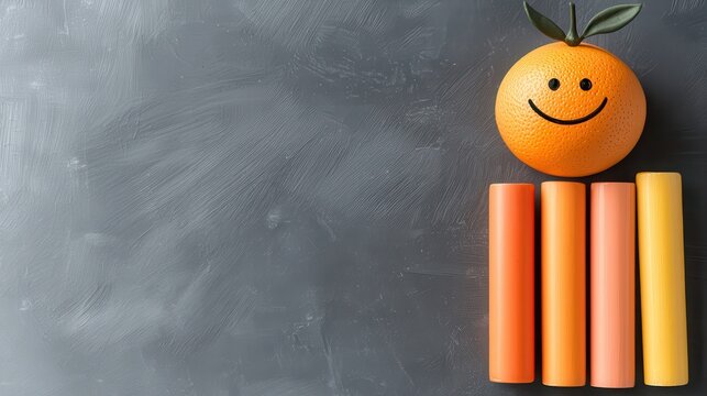 Charming toddler drawing of a smiling orange chart with a bar graph on a grey background, showcasing analytics in a playful style