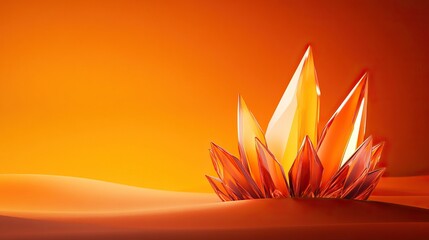 A stunning arrangement of vibrant orange crystals emerging from a sandy surface, illuminated by warm light, creating a mystical and enchanting atmosphere.