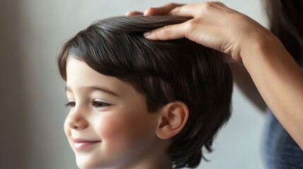 Fototapeta premium A parent smoothing their child s hair, soft and tender motion