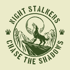 Retro-style badge featuring a howling wolf against a moonlit mountain scene with circular text elements, ideal for outdoor club logos, adventure branding, and hunting merchandise.