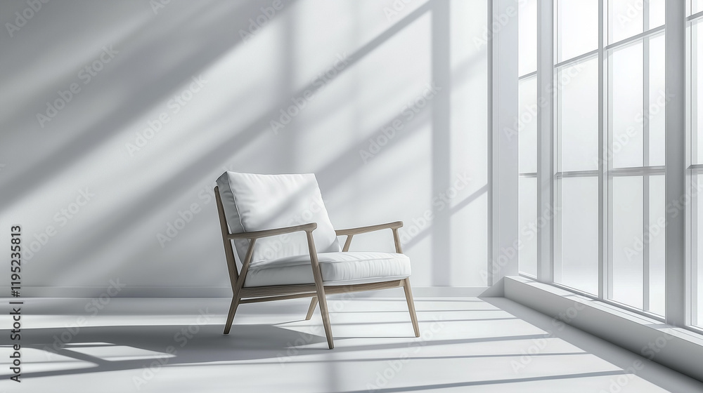 Poster minimalist scandinavian interior with bright sunlight streaming through a large window onto an isola