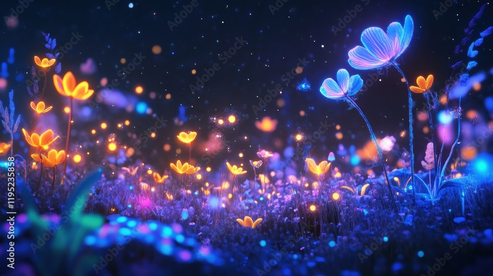 Poster discovering a magical microscopic ecosystem of friendly microbes glowing in vibrant colors during a 