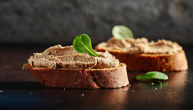 Rye bread with liver pate. Tasty snack. Delicious food. Cooking and culinary concept.