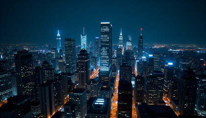 Illuminated Manhattan Skyline at Night with Dynamic Urban Architecture