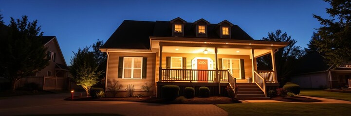 Single family home at dusk with illuminated driveway, architecture, porch, house