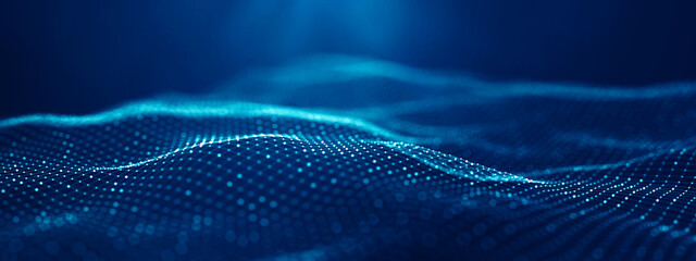 Abstract connected dots and lines on blue background. Communication and technology network concept with moving lines and dots. 