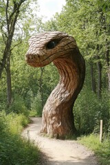 Fototapeta premium Wooden snake sculpture, forest path, sunny day.