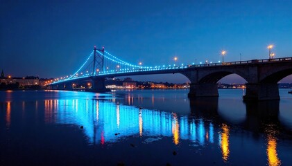 Fototapeta premium Dark bridge with glowing blue lights spanning a river at dusk, river, water