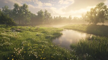 Obraz premium Serene Sunrise Meadow Landscape with River