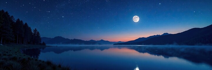 Dark canvas with twinkling stars above a serene lake at dusk, night, water, moon