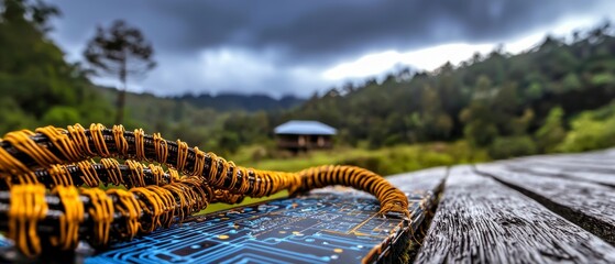 Fototapeta premium Circuit Board Nature Technology Rural Scene Cables Wires Mountain Background