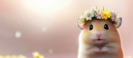 cute mouse wears a crown of wildflowers against a soft blue background. Greeting card for Easter. Summer or spring banner. Pet shop. Veterinarian clinic.	
