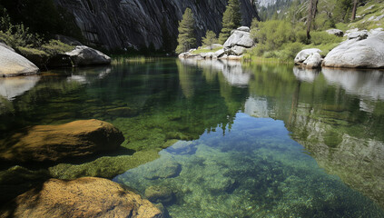 Fototapeta premium A serene river in the middle of an outdoor nature scene, surrounded by lush greenery and towering mountains. The water reflects the sky above with clear detail.