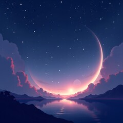Fototapeta premium Dreamy Crescent Moon Landscape in Pink and Purple Tones with Reflective Water