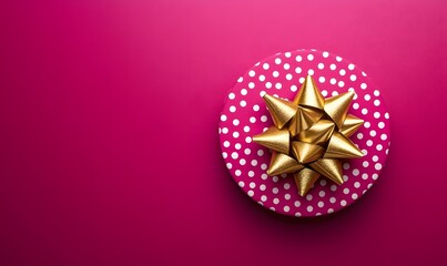 Pink polka dot gift box with gold bow.