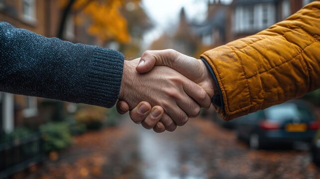 Two men shaking hands outdoors on a rainy autumn day.