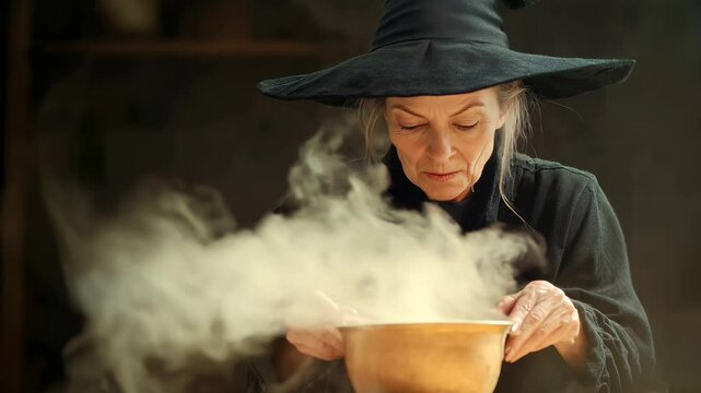 Witch preparing potion in a smoky kitchen at dusk
