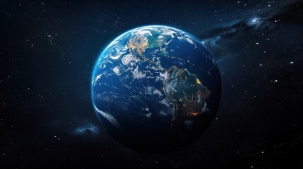Obraz premium Panoramic view of Earth, stars and galaxy. Planet Earth, view from space. Space fantasy. Blue planet Earth in space. Globe in space. Earth sphere. Sunlight with stars in space