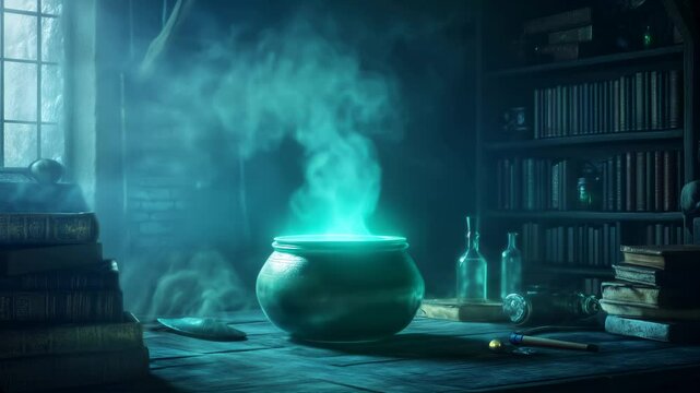 Enchanted kitchen with a glowing potion during twilight