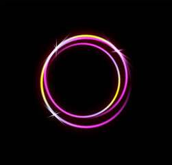 Pink and yellow laser glowing circle isolated on a black background. Neon circles. Abstract vector