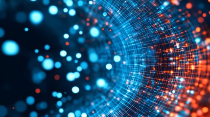 Obraz premium Abstract Background of Digital Particles in Blue and Orange Colors with Glowing Light Effects for Technology, Science, and Futuristic Themes