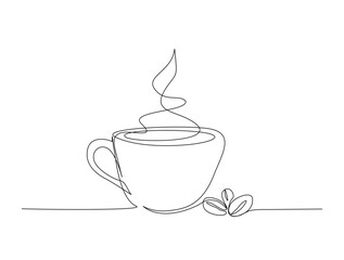 Continuous one line drawing of cup of coffee - coffeshop product. Coffee break concept in single line draw illustration. Editable stroke.