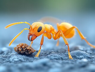 Orange ant carrying food.