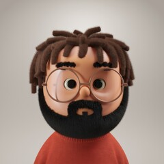 Fototapeta premium A 3D cartoon illustration of a man with dreadlocks, glasses, and a beard, wearing a red sweater.