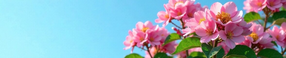 Obraz premium Edgeworthia chrysantha in full bloom against bright blue sky with soft green leaves, pink, shrub