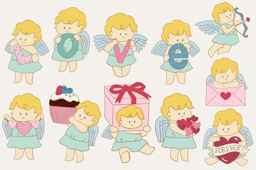 Fototapeta premium stickers with cute kawaii characters. Traditional love holiday clipart for kids.