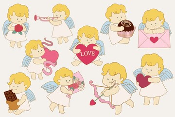 stickers with cute kawaii characters. Traditional love holiday clipart for kids.