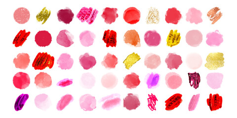 Set of pink, red, gold watercolor and ink hand painted different shapes, stains, circles, blobs isolated on white background. Vector elements for design