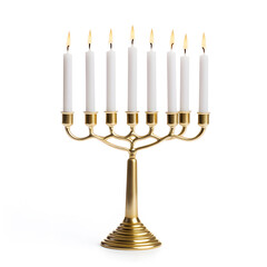 Golden Hanukkah menorah with white burning candles, isolated on white background